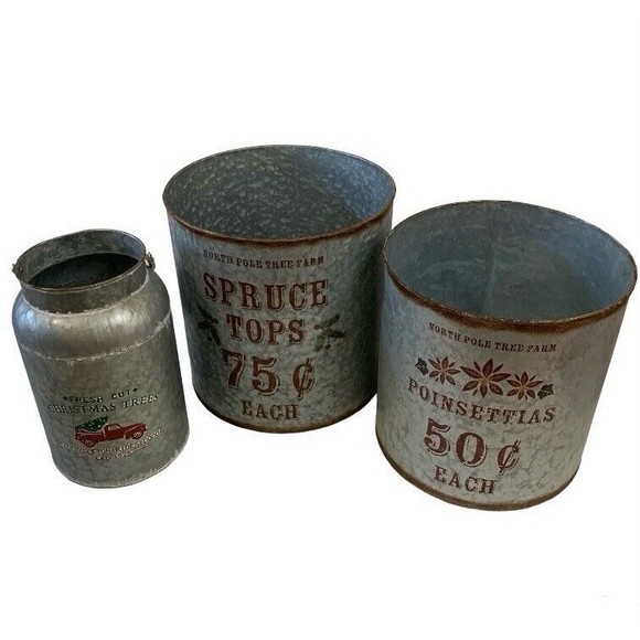 Galvanized Metal Container Tub Bucket Christmas Holiday Decor Planter Set of 3 - Picture 1 of 12